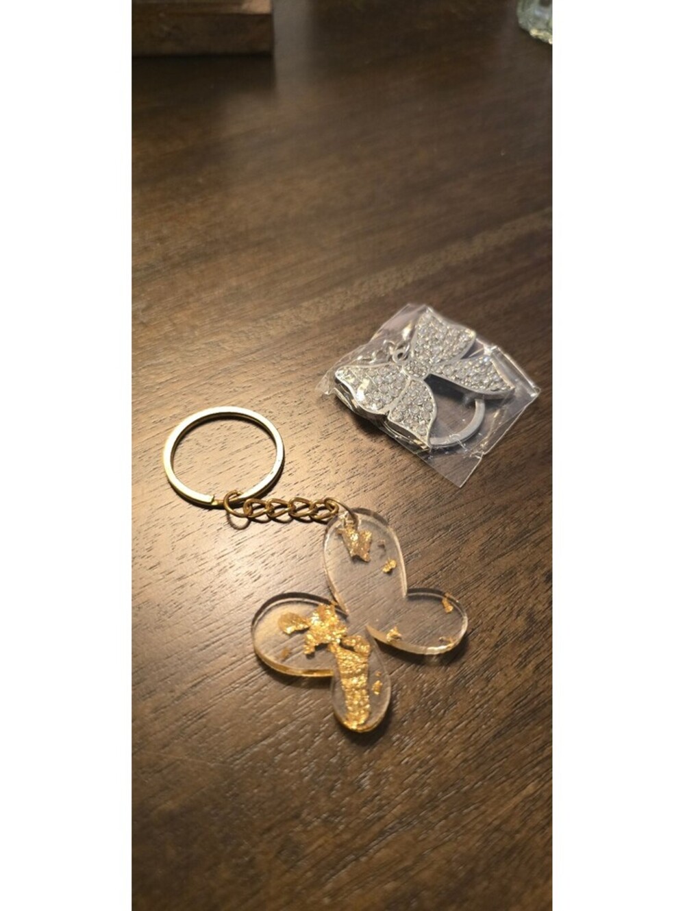 Butterfly Keychain with Gold Leaf and Rhinestone Butterfly Charm